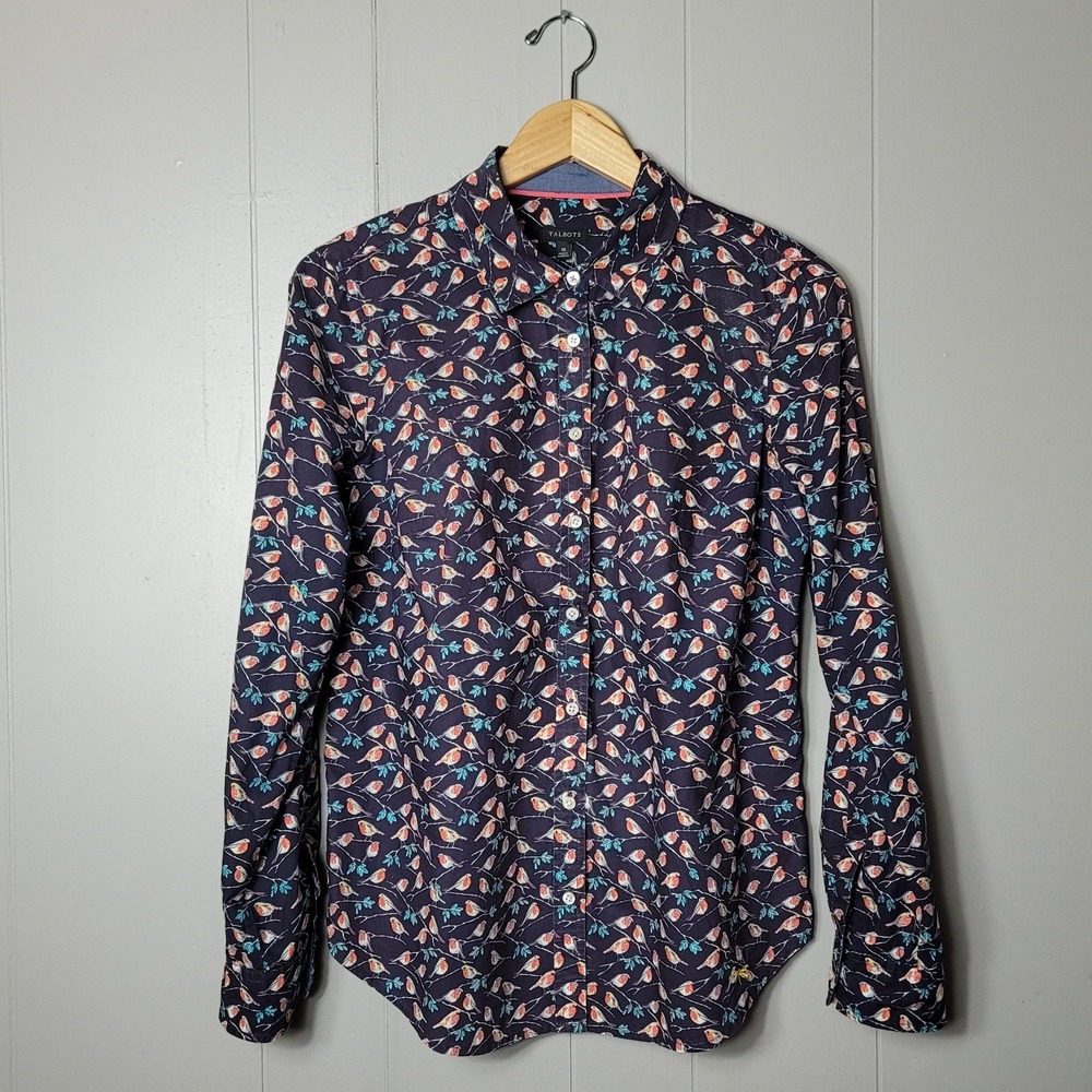 TALBOTS ALL OVER ROBIN BIRD PRINT BUTTON DOWN SHIRT WOMENS SIZE 10